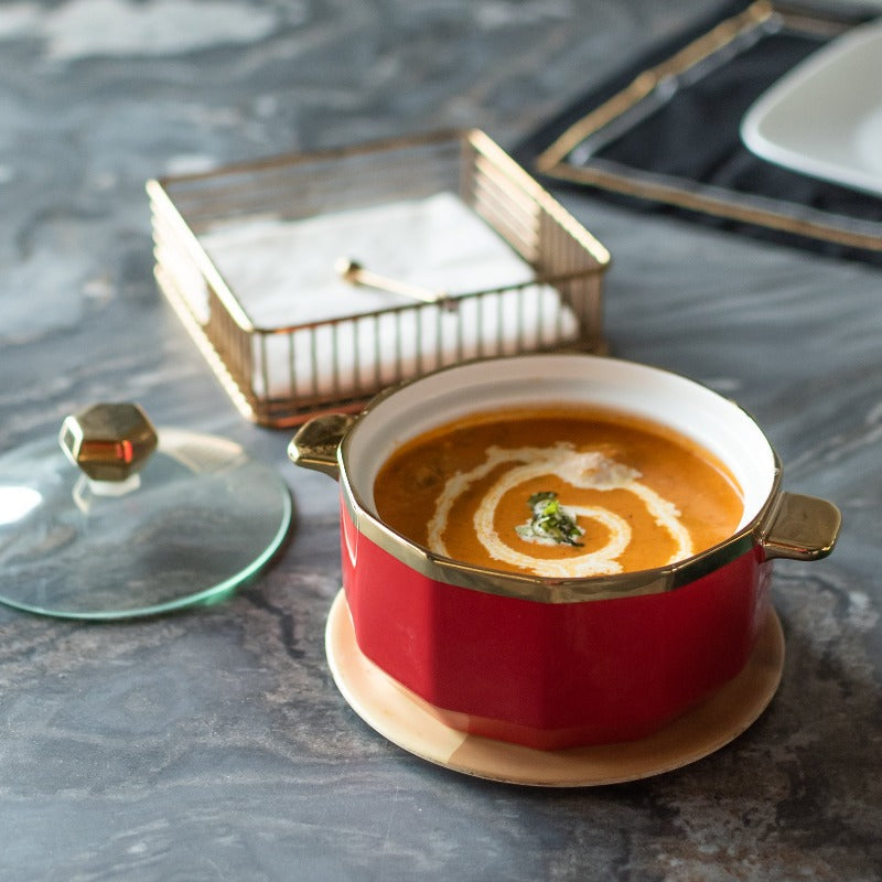 Gold Rimmed Ceramic Casserole with Lid Casserole June Trading