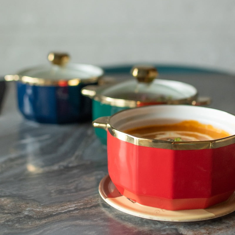 Gold Rimmed Ceramic Casserole with Lid Casserole June Trading