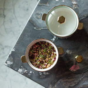 Gold Rimmed Ceramic Casserole with Lid Casserole June Trading