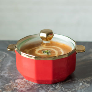 Gold Rimmed Ceramic Casserole with Lid Casserole June Trading Apple Red