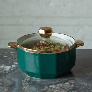 Gold Rimmed Ceramic Casserole with Lid Casserole June Trading Pine Green