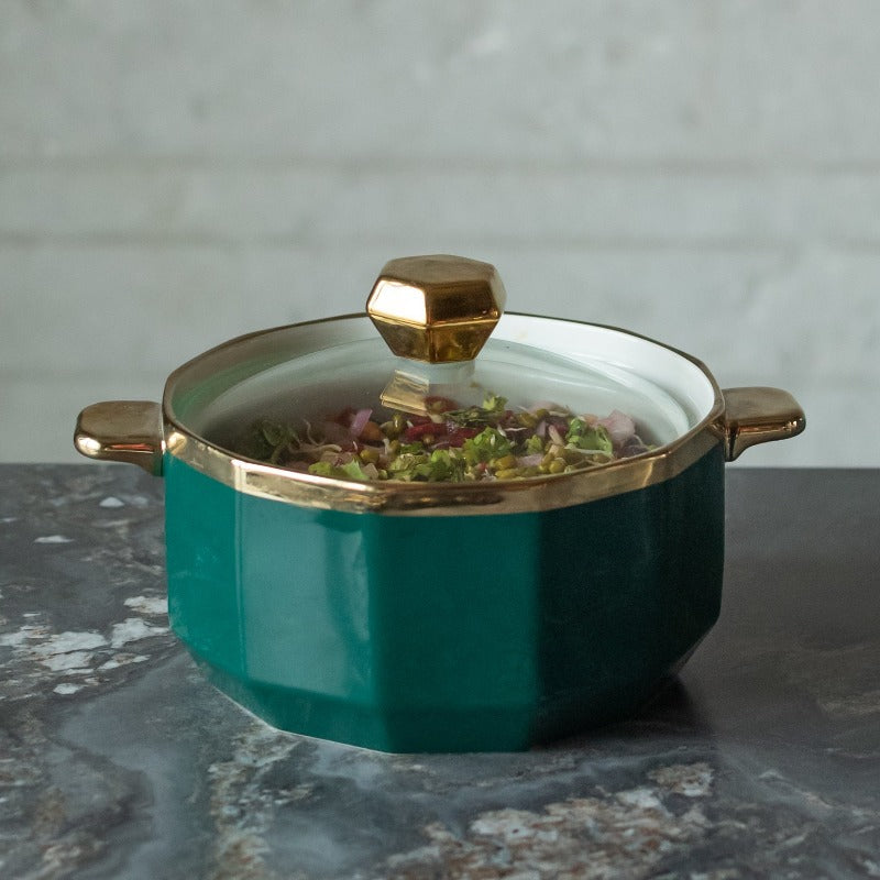 Gold Rimmed Ceramic Casserole with Lid Casserole June Trading Pine Green