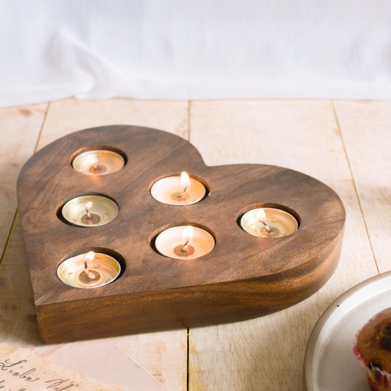 Wooden Heart Shaped Tea-Lights Tray Tea-Light Holder June Trading