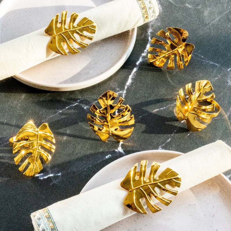 Monstera Leaf Gold Napkin Rings (Set of 6) Napkin Rings June Trading