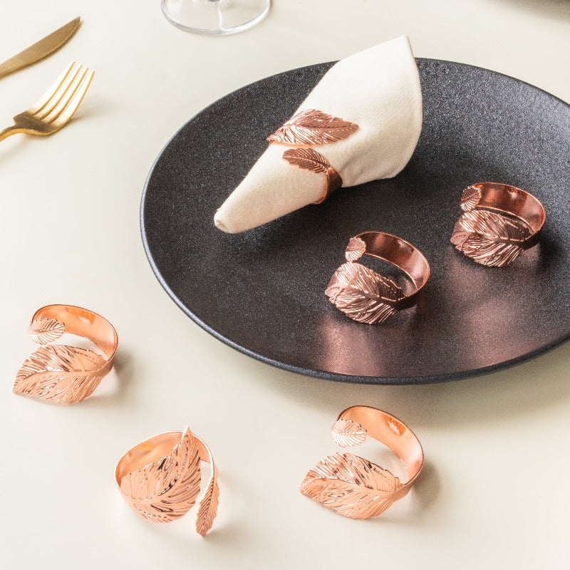 Leafy Details Rose Gold Napkin Rings (Set of 6) Napkin Rings June Trading