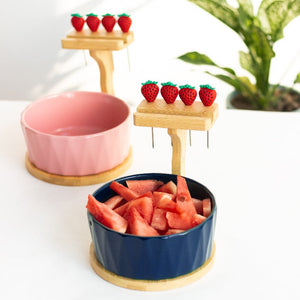 Snack Bowl With Wooden Mobile Stand & Food Picks Bowls June Trading Berry Blue