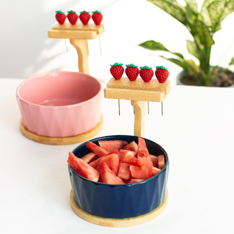 Snack Bowl With Wooden Mobile Stand & Food Picks Bowls June Trading Berry Blue