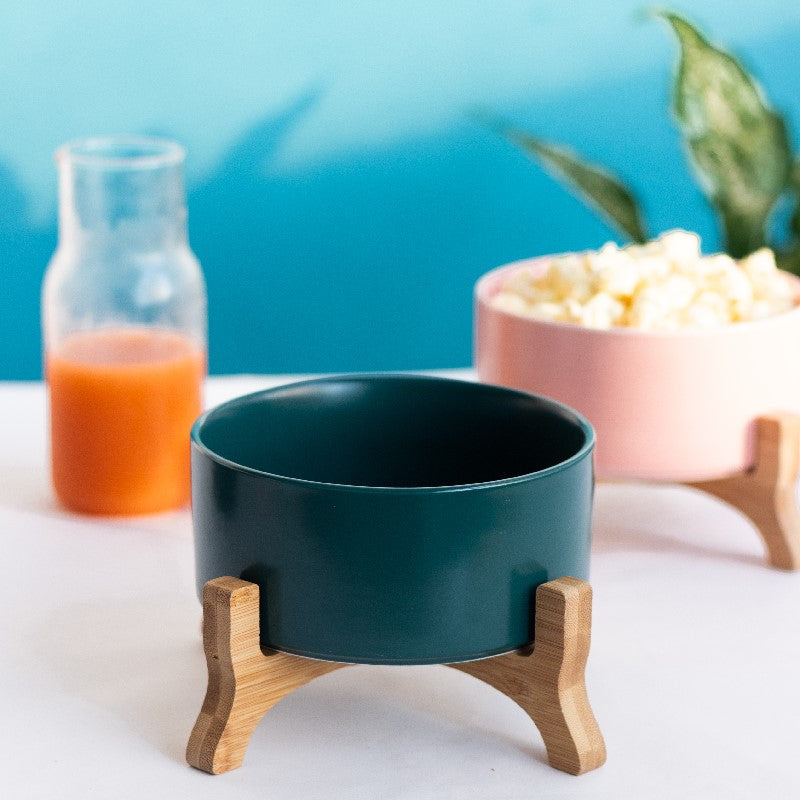 Savour Ceramic Bowl With Elevated Wooden Stand Serving Bowls June Trading Basil Green