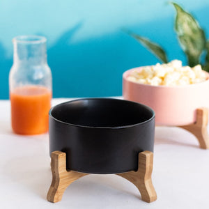 Savour Ceramic Bowl With Elevated Wooden Stand Serving Bowls June Trading Ebony Black