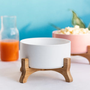 Savour Ceramic Bowl With Elevated Wooden Stand Serving Bowls June Trading Coconut White