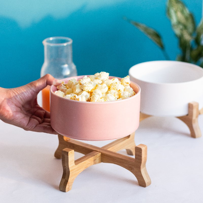 Savour Ceramic Bowl With Elevated Wooden Stand Serving Bowls June Trading French Pink