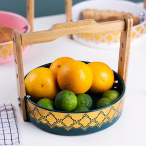 Traditional Accent Snack Serving Bowl With Wooden Handle Serving Platters June Trading Pine Green