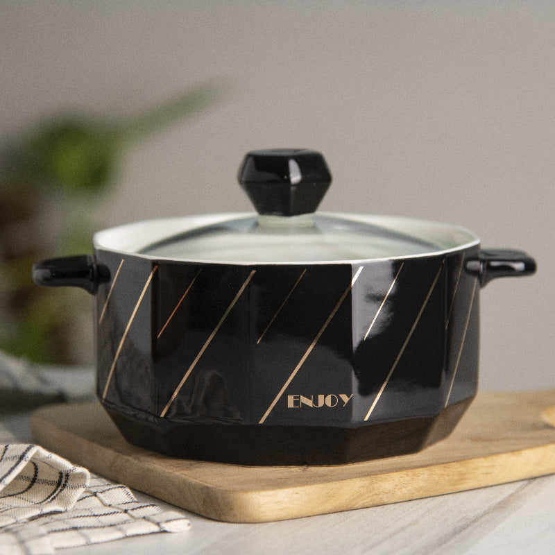 Classy Gold Design Ceramic Casserole with Lid Casserole June Trading Ink Black