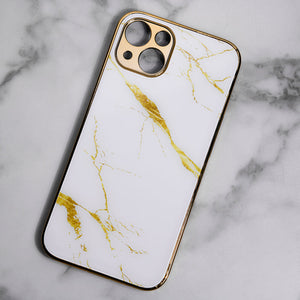 Marble Pattern Rose Gold Edge iPhone 14 Plus Case iPhone 14 Plus June Trading Ivory White