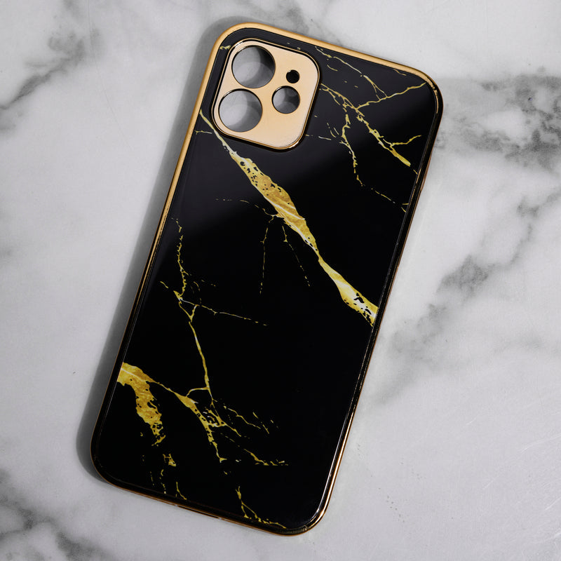 Marble Pattern Rose Gold Edge iPhone 12 Case iPhone 12 & 12 Pro June Trading Jade Black