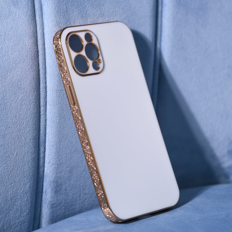 Rose Gold Carved Edge Luxury iPhone 13 Pro Max Case iPhone 13 Pro Max June Trading Pearl White