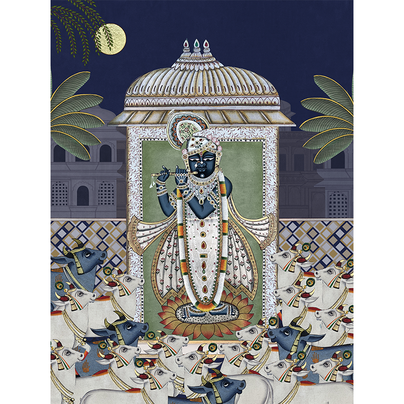 Shrinathji & Cows (Blue) Wall Art