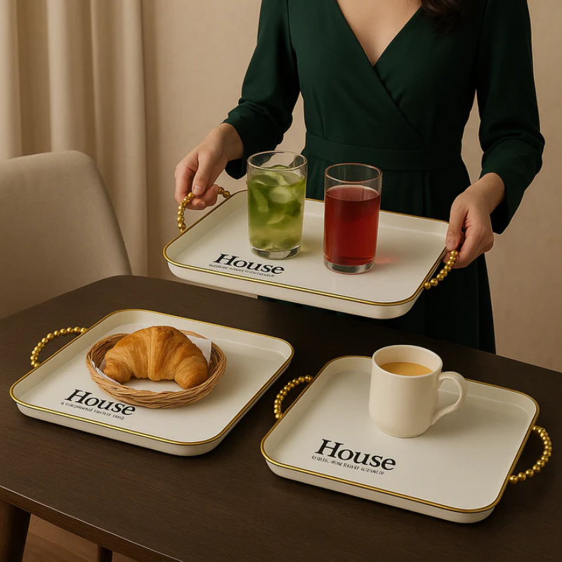 Set Of 3 White & Gold Rectangular Serving Tray