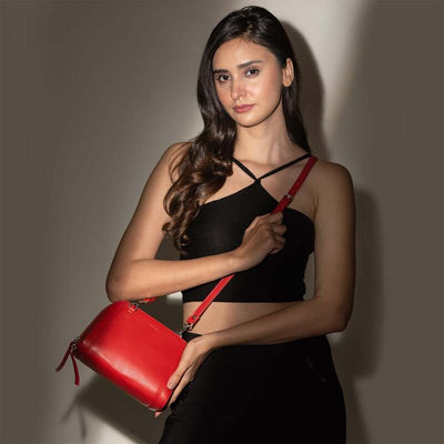 Genuine Leather Women's Casual Sling Bag, Red Women Sling Bag Portlee   