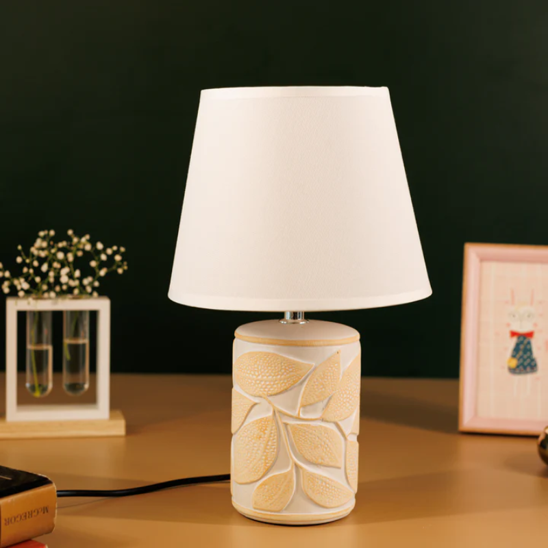 Green And White Table Lamp - Two Tone Textured Leaf Motif
