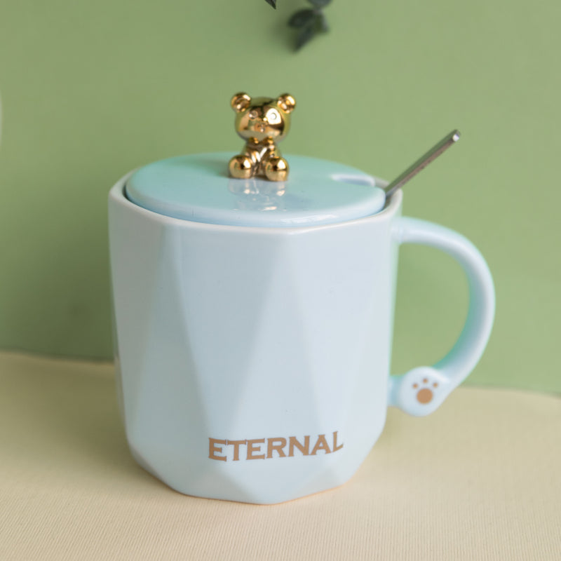Cute Teddy Coffee Cup With Lid & Spoon Coffee Mugs June Trading