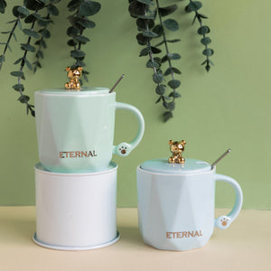 Cute Teddy Coffee Cup With Lid & Spoon Coffee Mugs June Trading