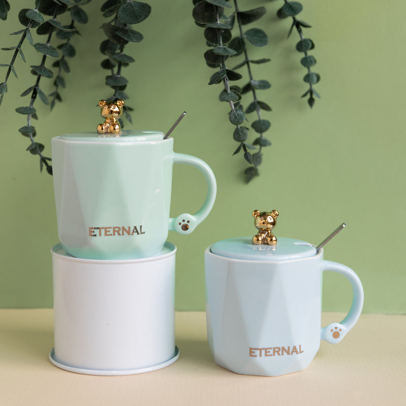 Cute Teddy Coffee Cup With Lid & Spoon Coffee Mugs June Trading