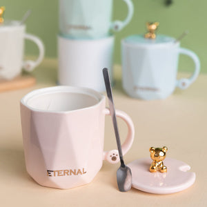 Cute Teddy Coffee Cup With Lid & Spoon Coffee Mugs June Trading Candy Pink