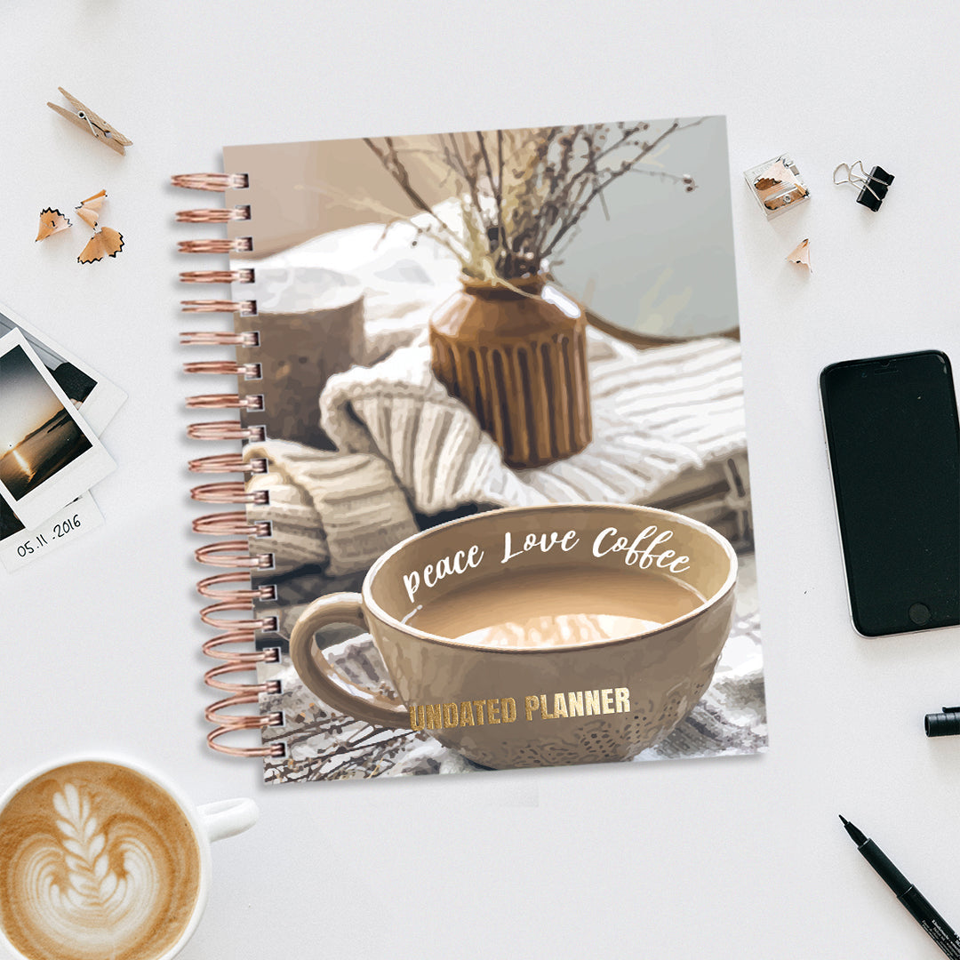 Undated Yearly Planner - Peace Love Coffee (2023 Collection) + Ultimate Sticker Book Undated Planners June Trading