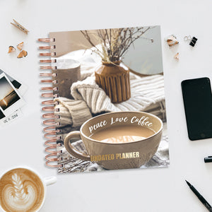 Undated Yearly Planner - Peace Love Coffee (2023 Collection) + Ultimate Sticker Book Undated Planners June Trading