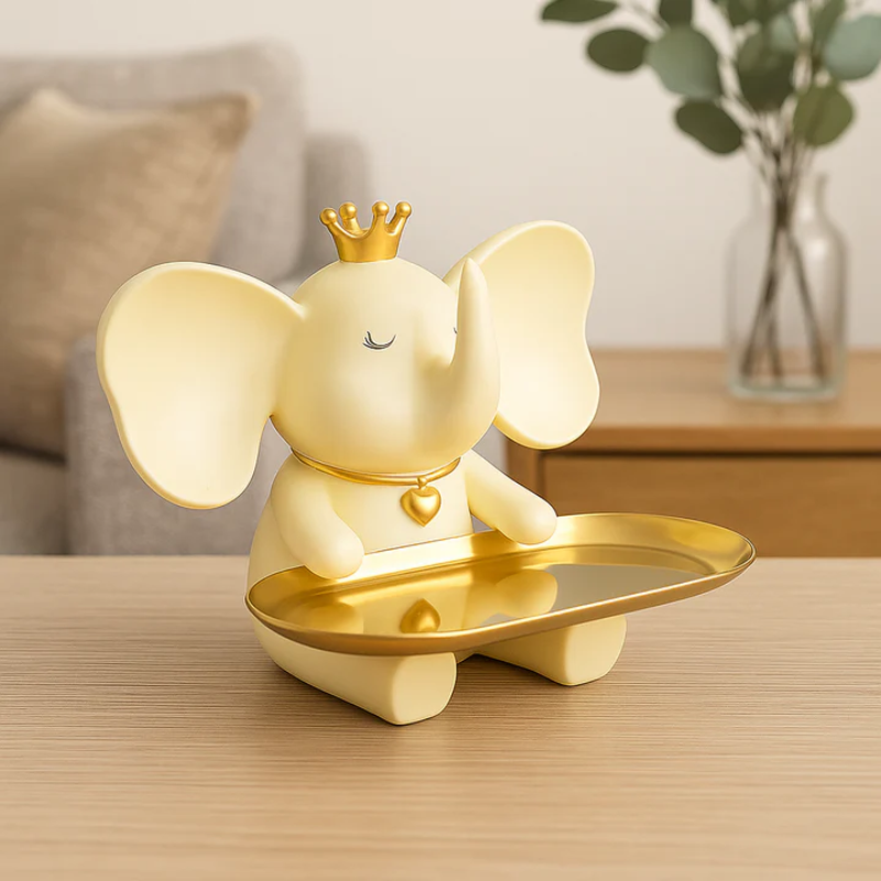 Resin Elephant Decor With Golden Crown & Tray