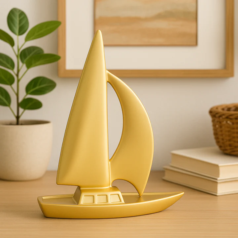Golden Resin Sailboat Decorative Showpiece