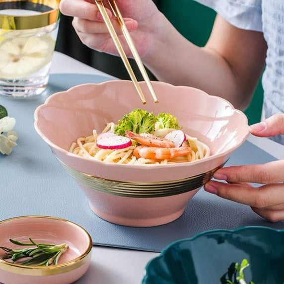 Serving Bowl With Gold Pattern Serving Bowls June Trading Carnation Pink