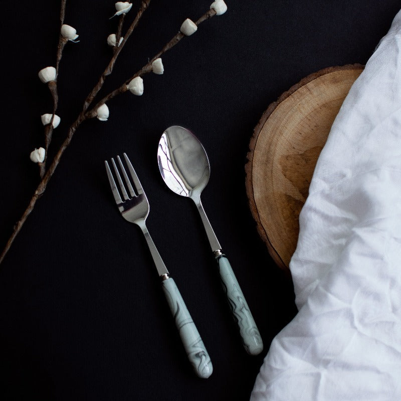 Spoon & Fork Set - White & Black Marble Tone Cutlery June Trading