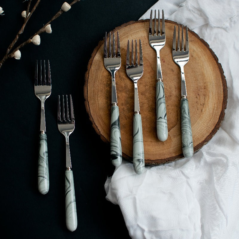 Spoon & Fork Set - White & Black Marble Tone Cutlery June Trading