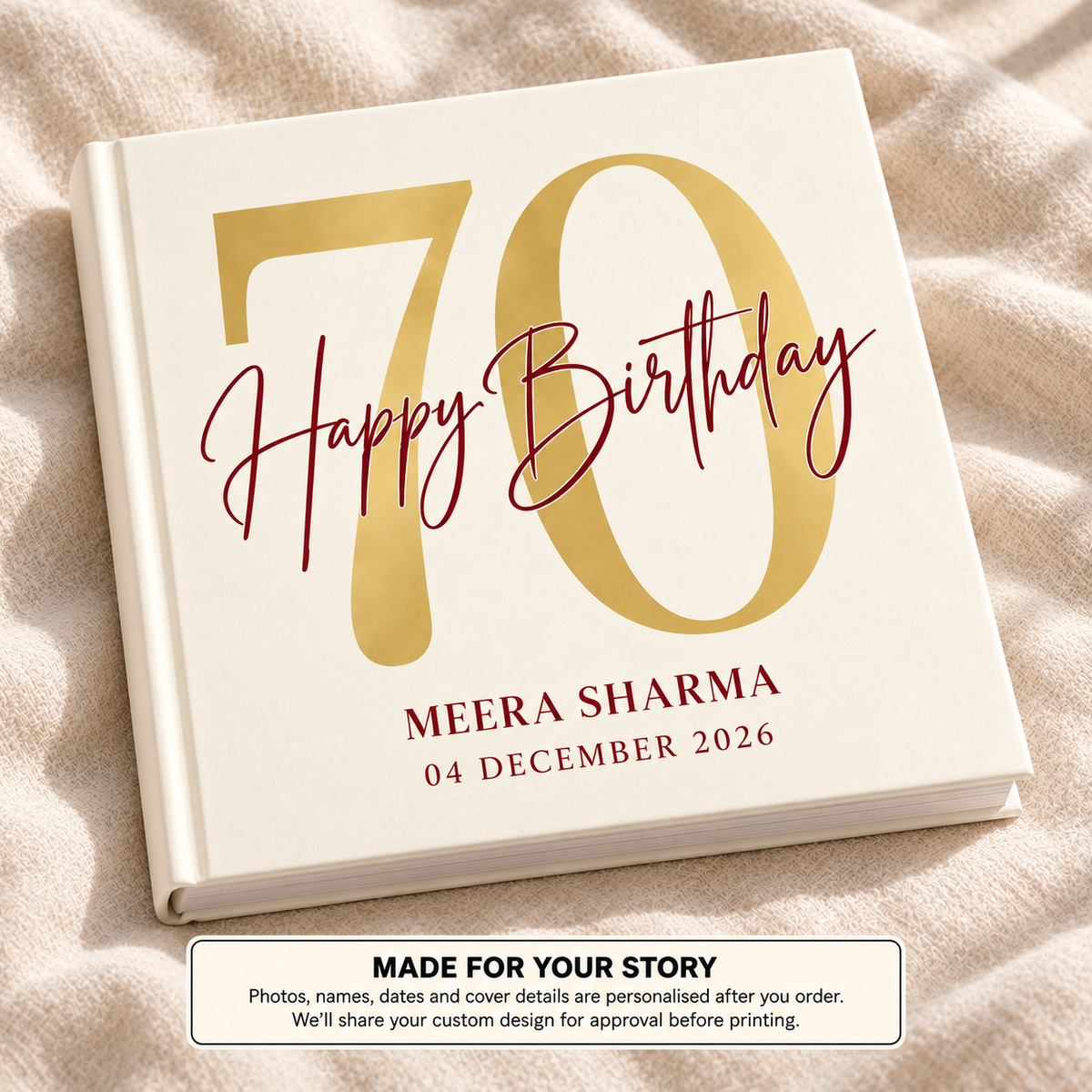 Seventy Meera — personalised birthday photo book cover