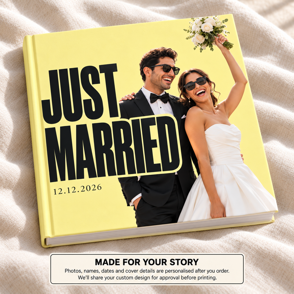 Just Married — personalised wedding photo book cover