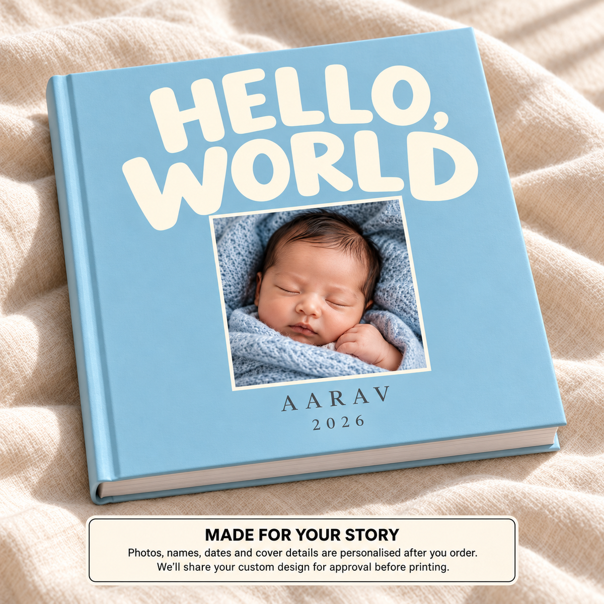 Hello World Aarav — personalised pregnancy & baby photo book cover