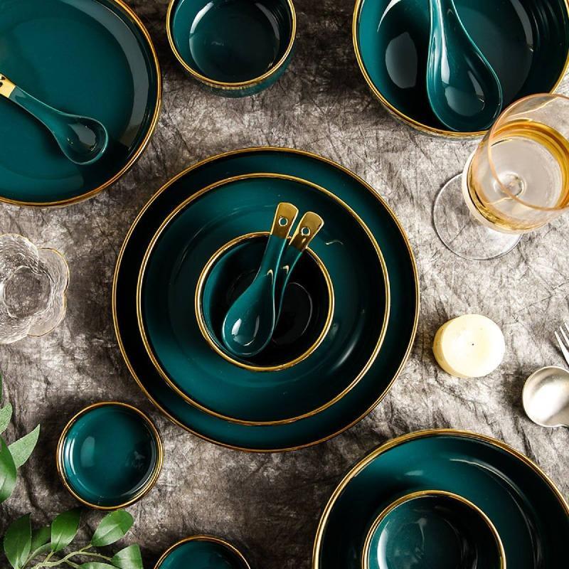 Midnight Green Gold Rimmed Rice Plate Pasta Bowl June Trading   