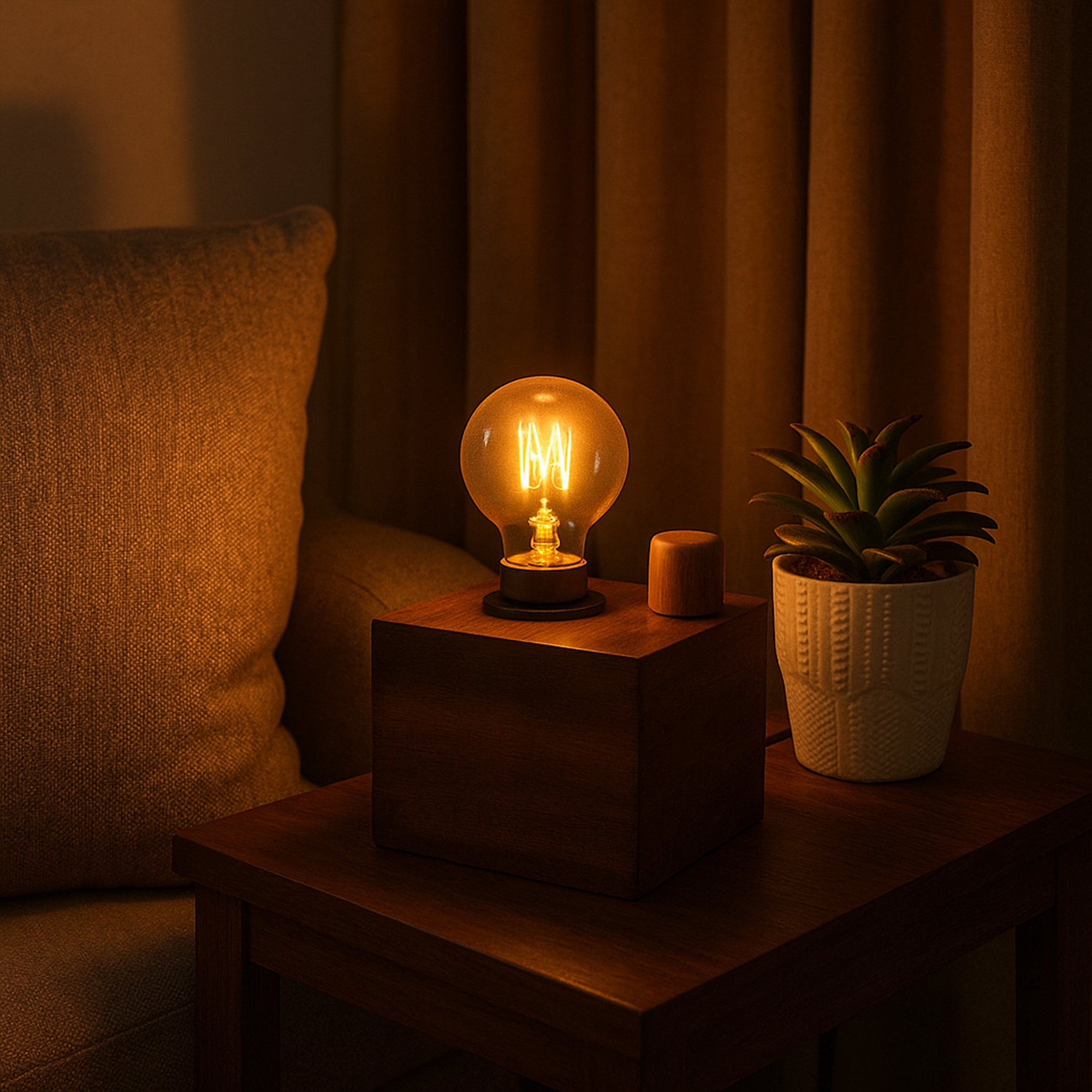 Wooden Cube Table Night Lamp With Dimmer
