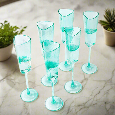 Turquoise Champagne Flute Stemware, Hammered Style