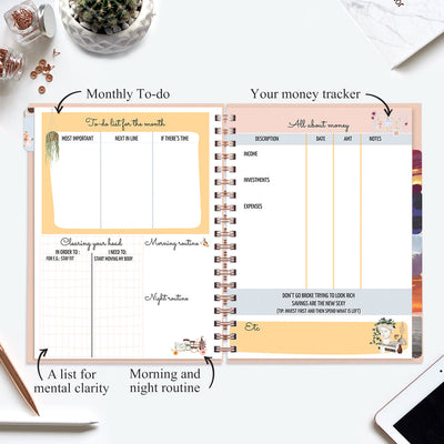Undated Yearly Planner (2025 Collection) Growth Over Comfort + Ultimate Sticker Book