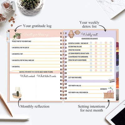 Undated Yearly Planner (2025 Collection) Growth Over Comfort + Ultimate Sticker Book