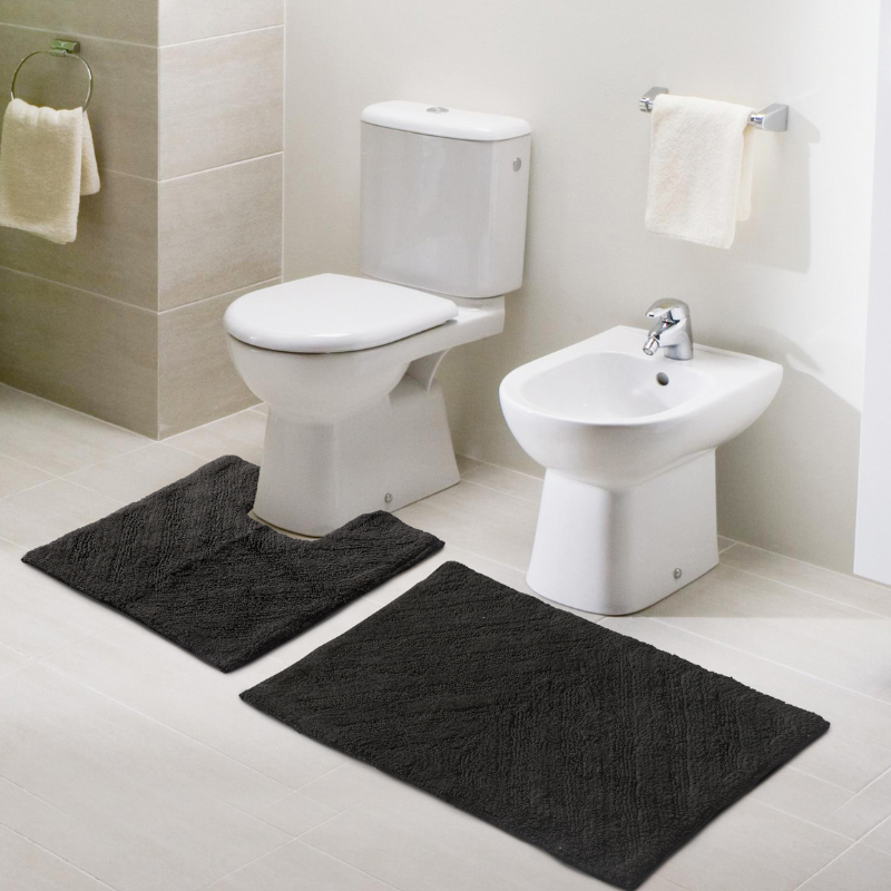 Tufted V Striped Grey Bathmat And Contour Set