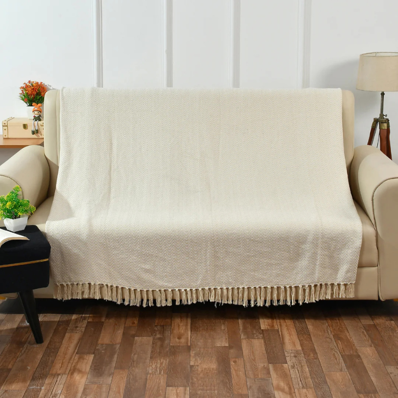 Beige Chevron Sofa Throw With Tassels