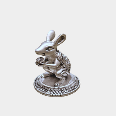 SABERA Hand-Carved Silver-Plated Mushak With Modak – Auspicious Ganesha Vahan Idol For Pooja & Décor