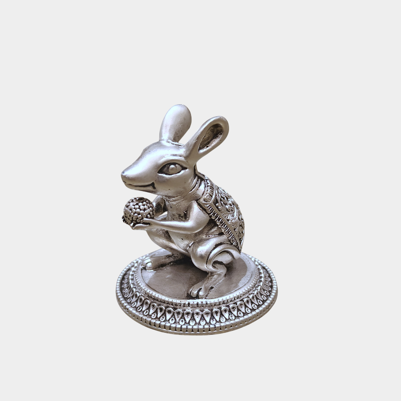 SABERA Hand-Carved Silver-Plated Mushak With Modak – Auspicious Ganesha Vahan Idol For Pooja & Décor