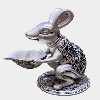 SABERA Hand-Carved Silver-Plated Mushak With Diya – Auspicious Ganesh Vahan Idol