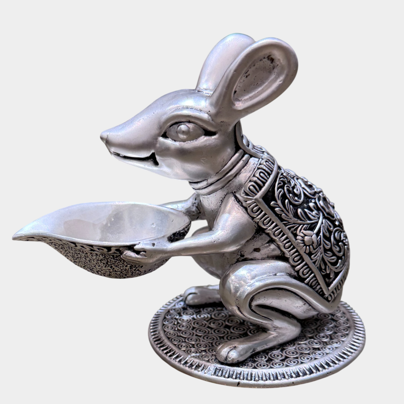 SABERA Hand-Carved Silver-Plated Mushak With Diya – Auspicious Ganesh Vahan Idol