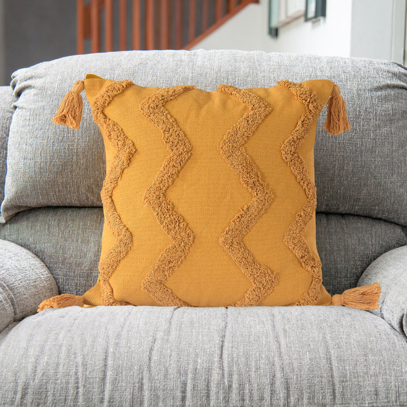 Yellow Chevron Tufted Cushion Cover With Tassels